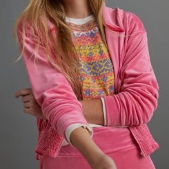 Anthropologie Catie Cropped Velvet Hoodie Blossom Pink - Picture 2 of 5